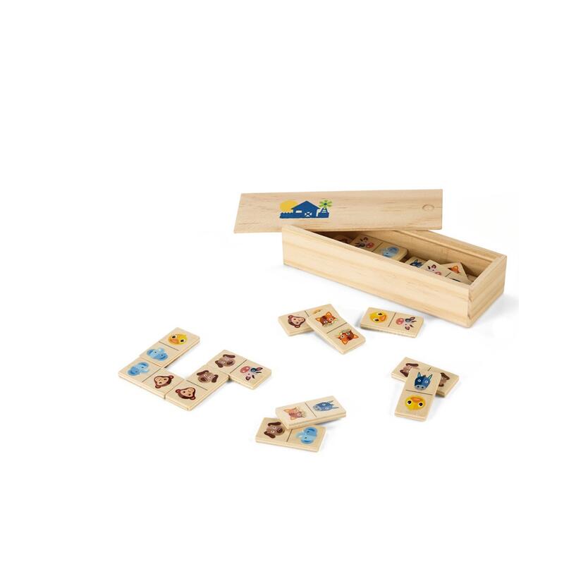 DOMIN. Kids wooden domino game. 28 pieces featuring fun animal figures